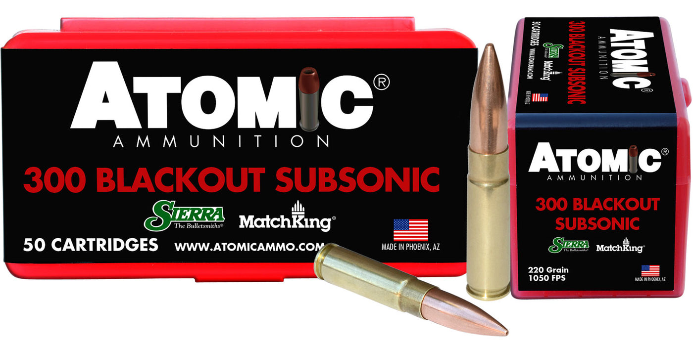 Atomic Ammunition 00465 Rifle Subsonic 300 Blackout 220 gr Hollow Point Boat-Tail (HPBT) 50 Bx/10 Cs