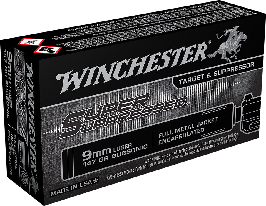 Winchester Ammo SUP9 Super Suppressed  9mm Luger Subsonic 147 gr Encapsulated Full Metal Jacket 50 Bx/10 Cs