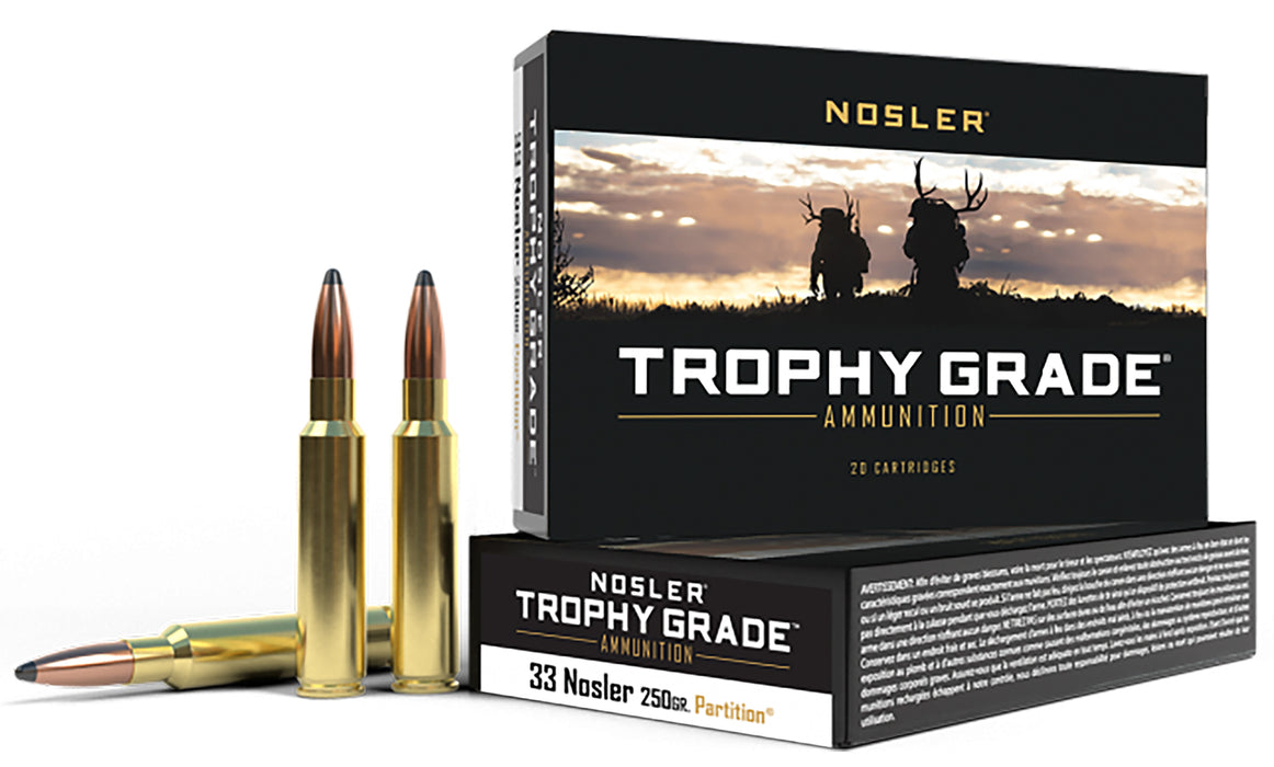 Nosler 60134 Trophy Grade  33 Nosler 250 gr 2750 fps Nosler Spitzer Partition (SPT) 20 Bx/10 Cs