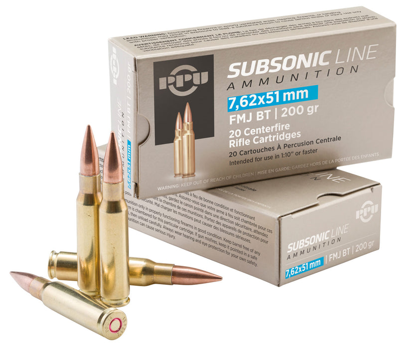 PPU PPS762 Subsonic  7.62x51mm NATO 200 gr 1050 fps Full Metal Jacket Boat-Tail (FMJBT) 20 Bx/10 Cs