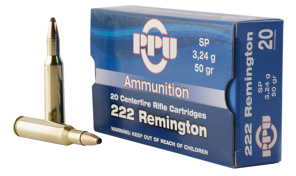 PPU PP222 Standard Rifle  222 Rem 50 gr 3133 fps Soft Point (SP) 20 Bx/50 Cs