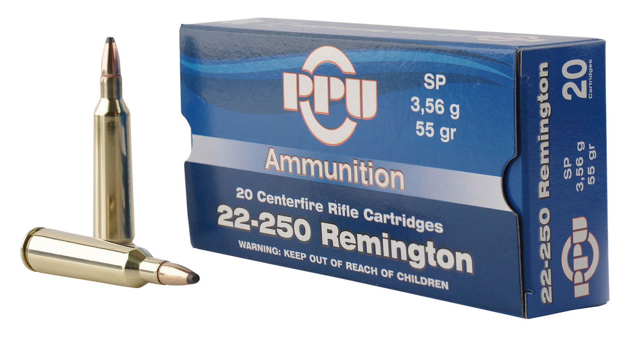 PPU PP22250 Standard Rifle  22-250 Rem 55 gr 3680 fps Soft Point (SP) 20 Bx/10 Cs