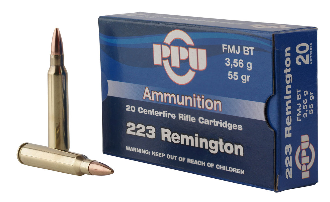 PPU PP223F1 Standard Rifle  223 Rem 55 gr 3240 fps Full Metal Jacket Boat-Tail (FMJBT) 20 Bx/50 Cs