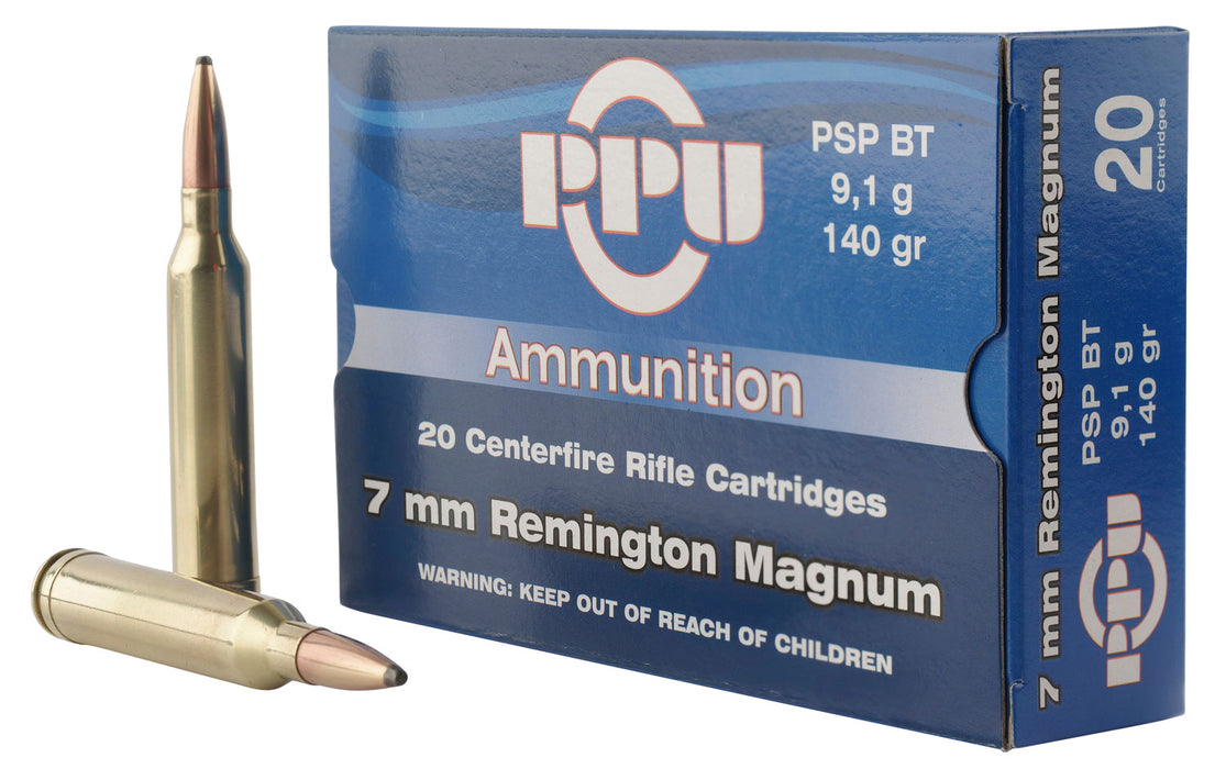 PPU PP7RM1 Standard Rifle  7mm Rem Mag 140 gr 3110 fps Pointed Soft Point Boat-Tail (PSPBT) 20 Bx/10 Cs