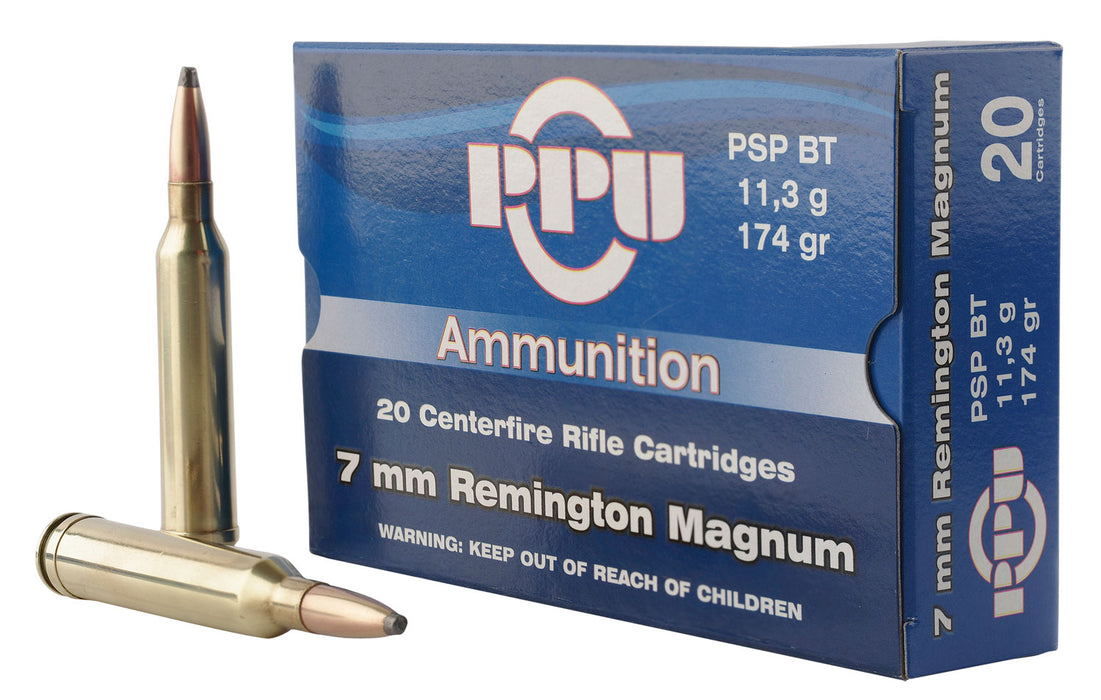 PPU PP7RM2 Standard Rifle  7mm Rem Mag 174 gr 2770 fps Pointed Soft Point Boat-Tail (PSPBT) 20 Bx/10 Cs