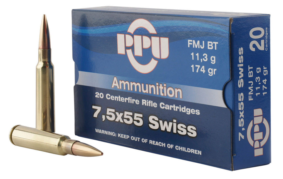 PPU PP7SF Metric Rifle  7.5x55mm Swiss 174 gr 2525 fps Full Metal Jacket Boat-Tail (FMJBT) 20 Bx/10 Cs