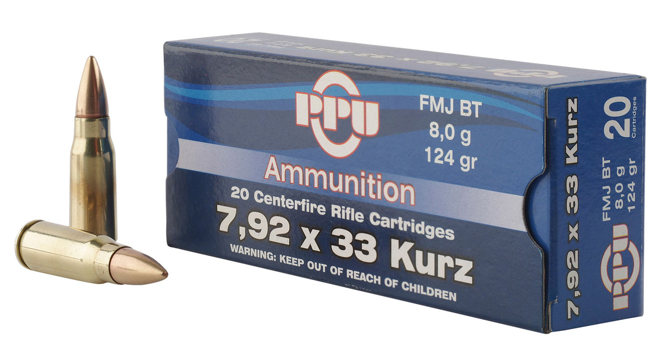 PPU PP7K Metric Rifle  7.9x33mm Kurz 124 gr 2250 fps Full Metal Jacket Boat-Tail (FMJBT) 20 Bx/10 Cs