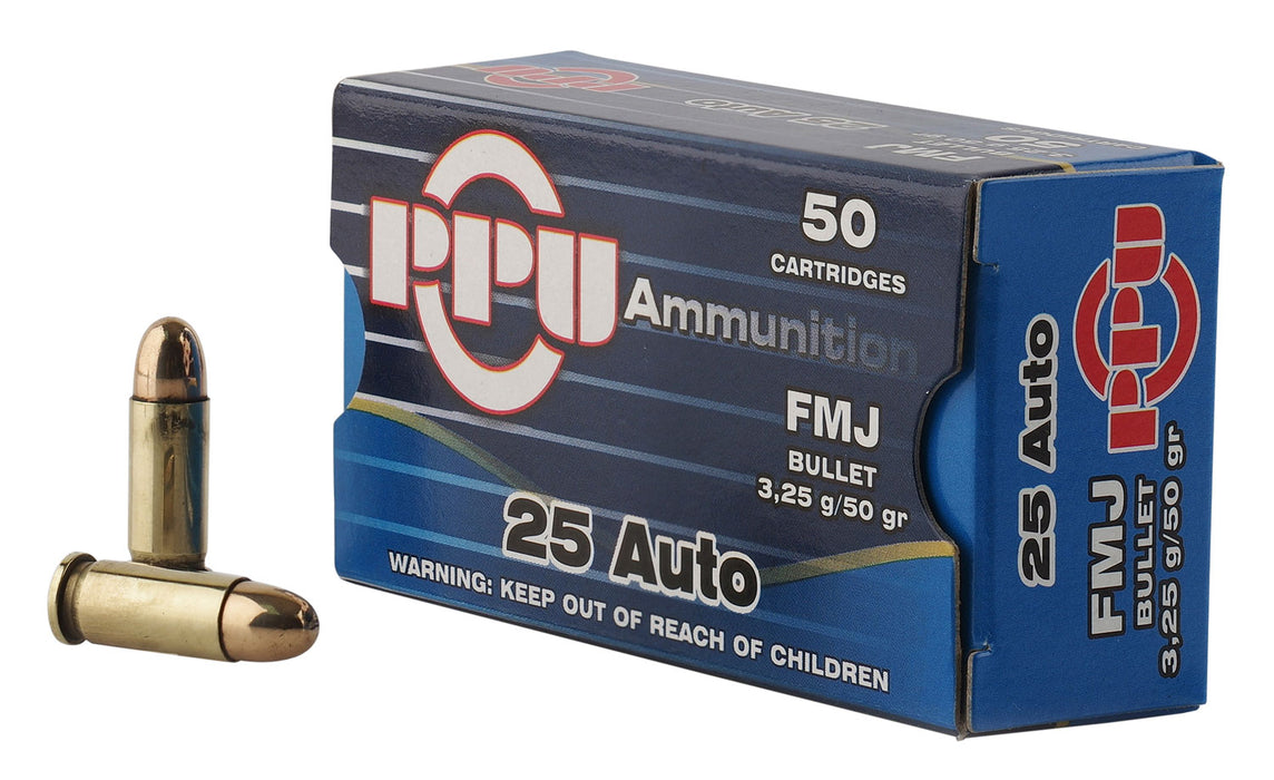 PPU PPH25 Handgun  25 ACP 50 gr Full Metal Jacket (FMJ) 50 Per Box/20 Cs