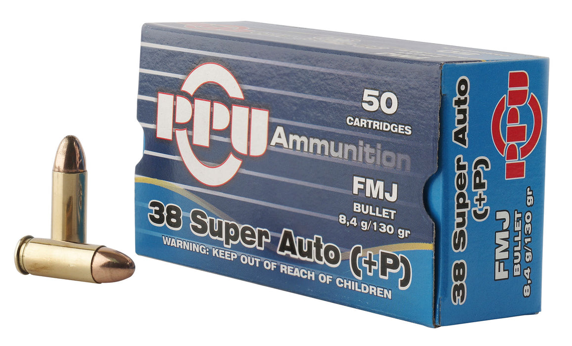 PPU PPH38SU Handgun  38 Super +P 130 gr Full Metal Jacket (FMJ) 50 Per Box/10 Cs