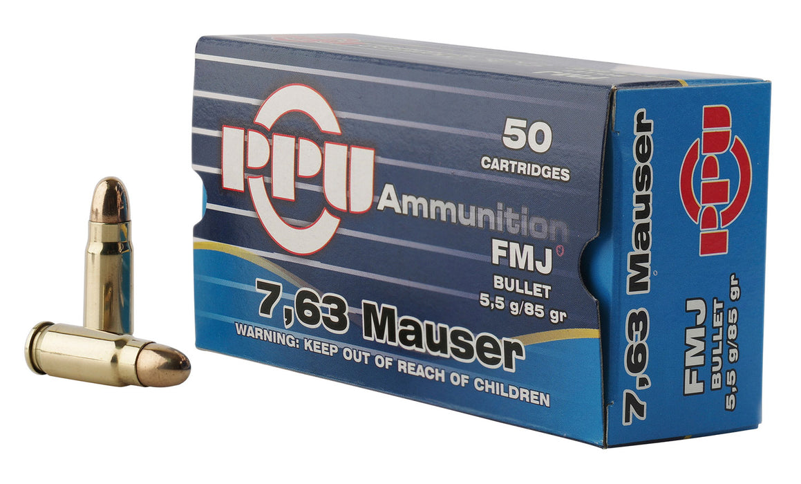 PPU PPH763 Handgun  7.63mm Mauser 85 gr Full Metal Jacket (FMJ) 50 Per Box/10 Cs