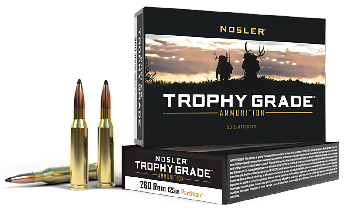 Nosler 60018 Trophy Grade  260 Rem 125 gr 2800 fps Nosler Spitzer Partition (SPT) 20 Bx/10 Cs