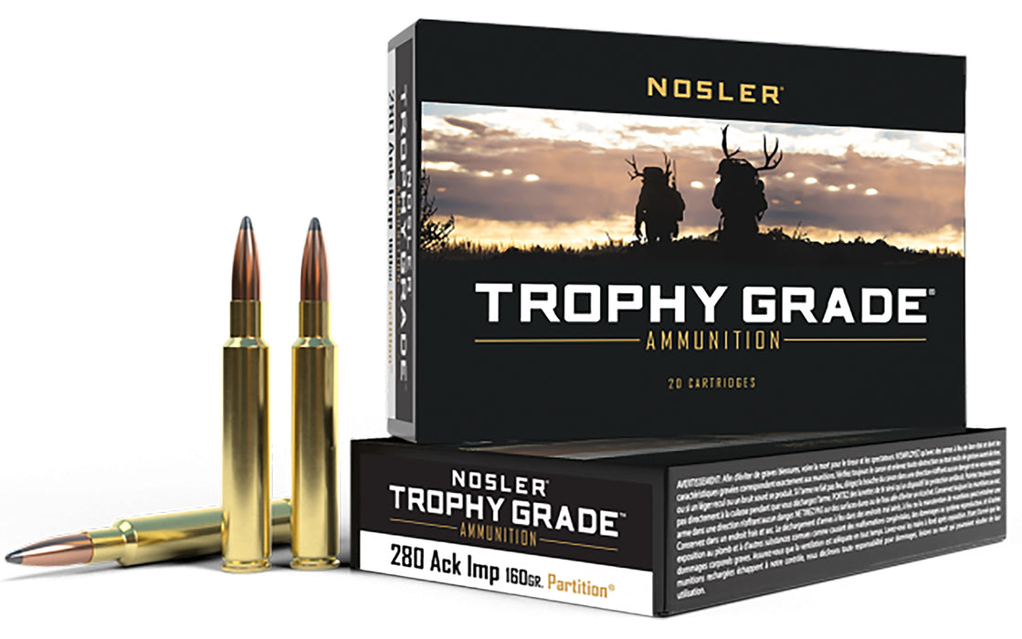 Nosler 60044 Trophy Grade  280 Ackley Improved 160 gr 2950 fps Nosler Spitzer Partition (SPT) 20 Bx/10 Cs