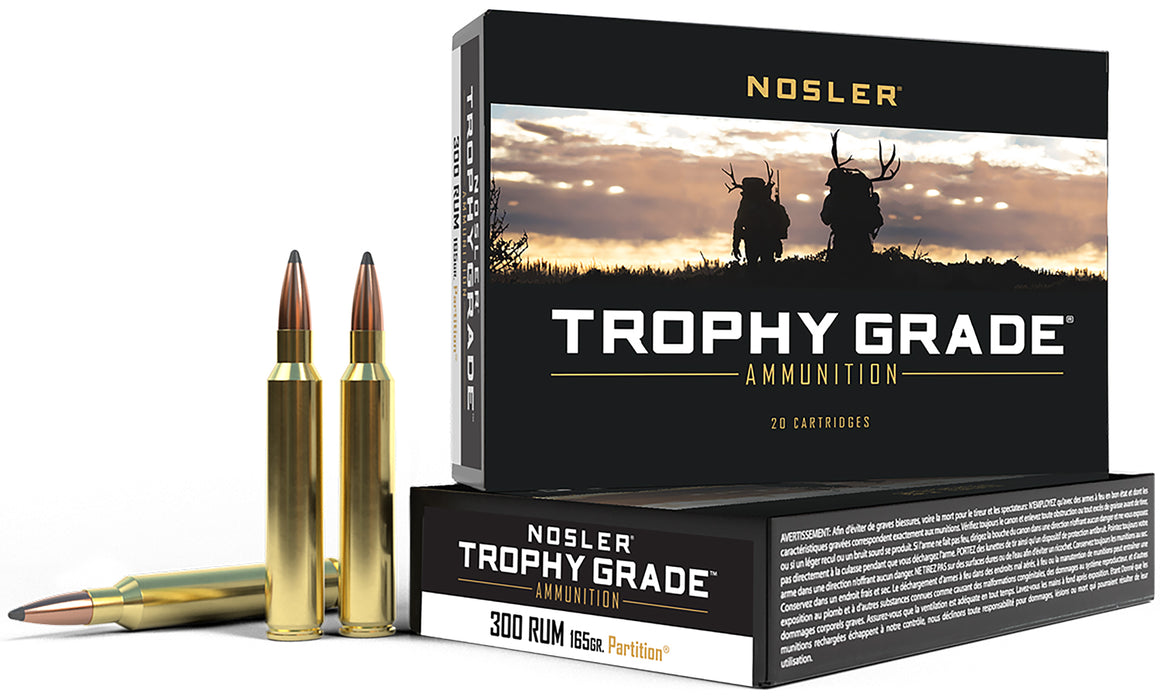 Nosler 60064 Trophy Grade  300 RUM 165 gr 3350 fps Nosler Spitzer Partition (SPT) 20 Bx/10 Cs