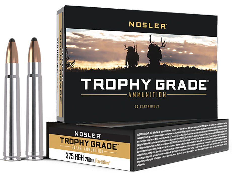 Nosler 60090 Trophy Grade  375 H&H Mag 260 gr 2750 fps Nosler Spitzer Partition (SPT) 20 Bx/10 Cs