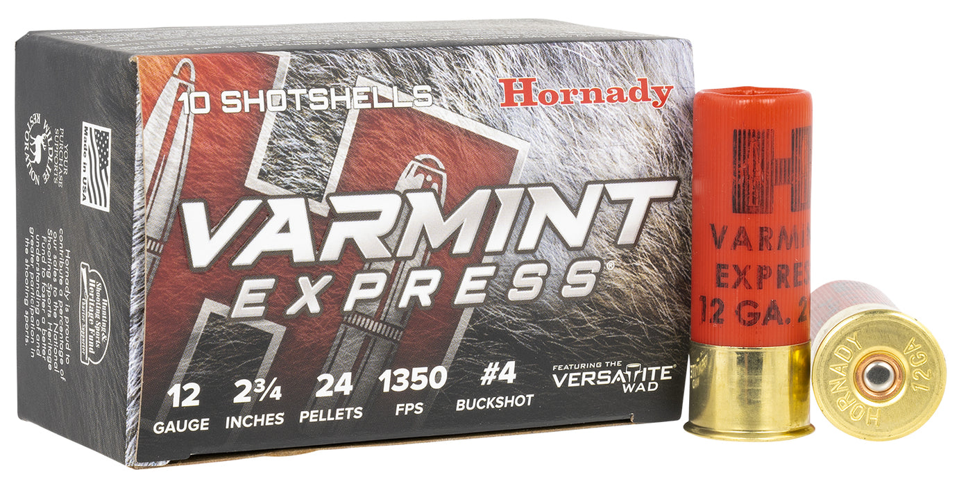 Hornady 86243 Varmint Express  12 Gauge 2.75" 24 Pellets 1350 fps 4 Buck Shot 10 Bx/10 Cs