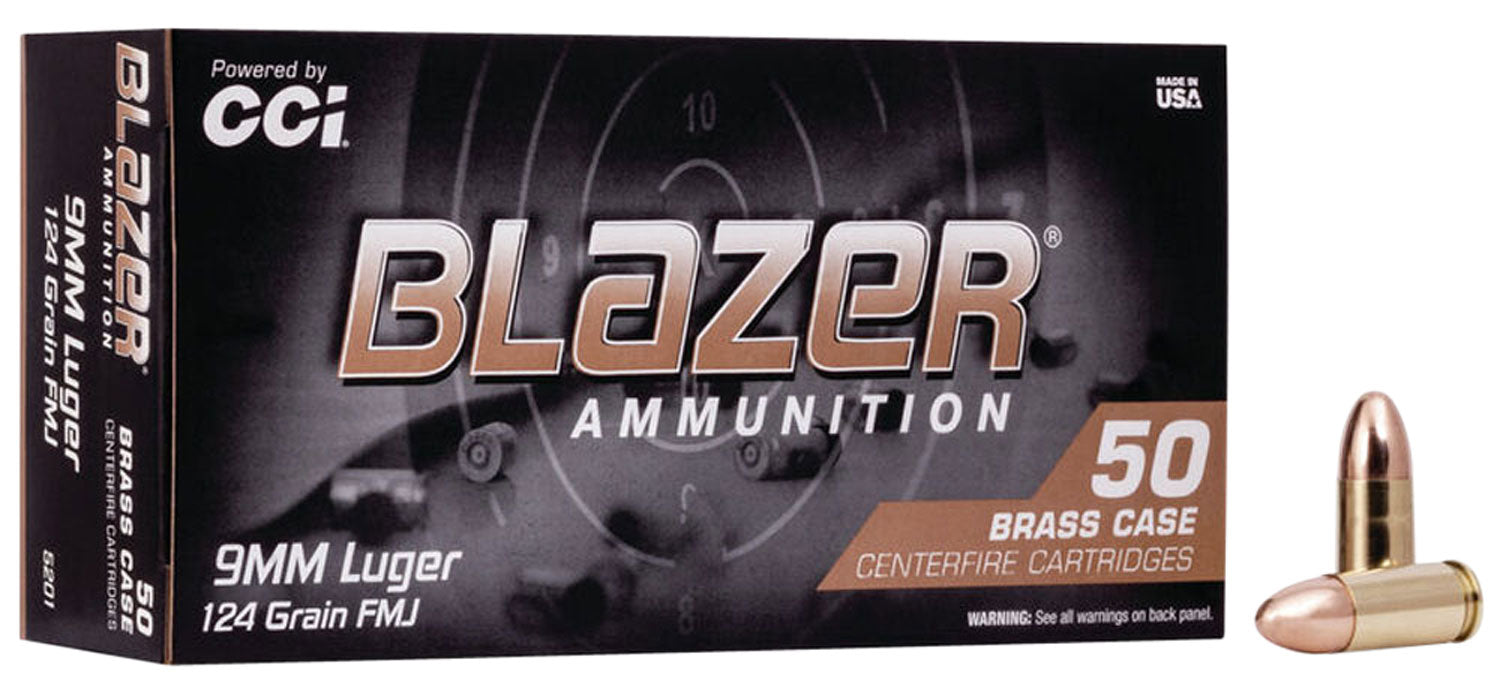 CCI 5201 Blazer Brass  9mm Luger 124 gr 1090 fps Full Metal Jacket (FMJ) 50 Bx/20 Cs