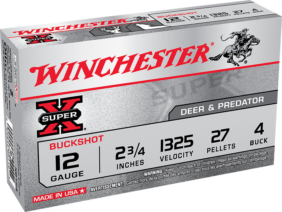 Winchester Ammo XB124 Super X  12 Gauge 2.75" 27 Pellets 4 Buck Shot 5 Bx/50 Cs