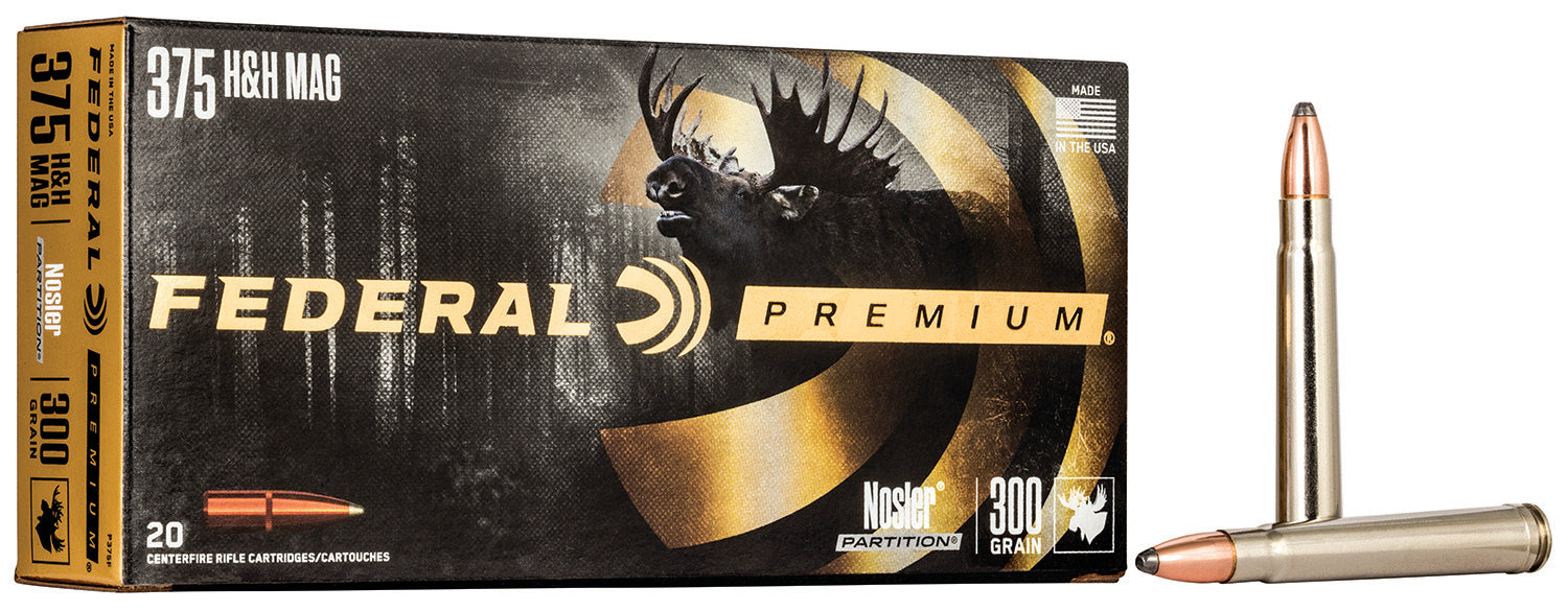 Federal P375F Premium  375 H&H Mag 300 gr 2440 fps Nosler Partition (NP) 20 Bx/10 Cs