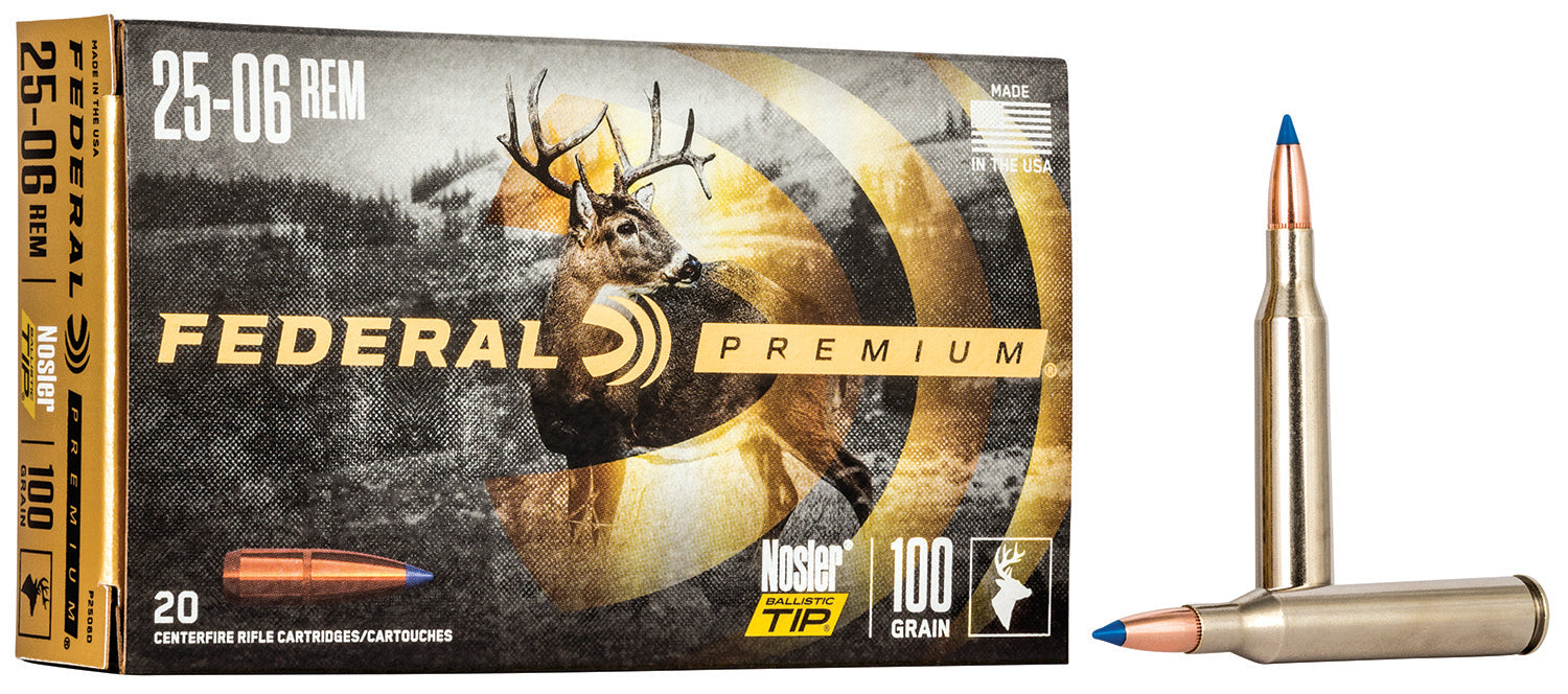 Federal P2506D Premium  25-06 Rem 100 gr 3220 fps Nosler Ballistic Tip (NBT) 20 Bx/10 Cs