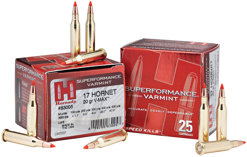 Hornady 83005 Superformance Varmint  17 Hornet 20 gr 3650 fps Hornady V-Max (VMX) 25 Bx/10 Cs