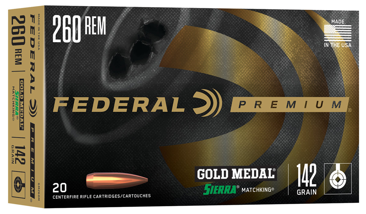 Federal GM260M Premium Gold Medal 260 Rem 142 gr 2750 fps Sierra MatchKing BTHP 20 Bx/10 Cs