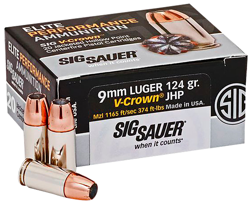 Sig Sauer E9MMA220 Elite Defense  9mm Luger 124 gr 1165 fps V-Crown Jacketed Hollow Point (VJHP) 20 Bx/10 Cs