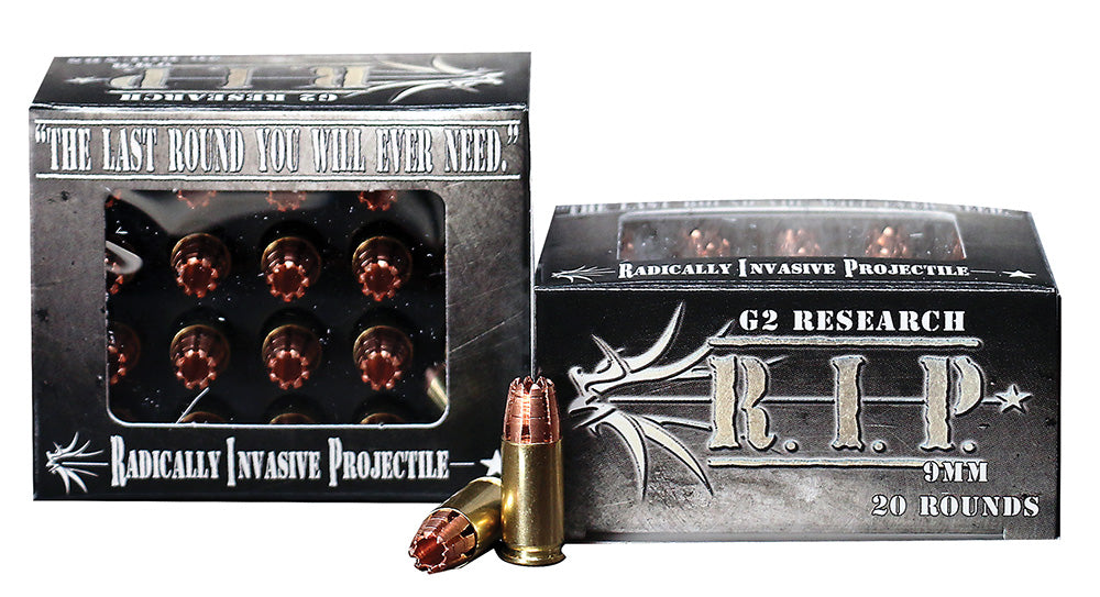 G2 Research RIP9MM R.I.P  9mm Luger 92 gr 1250 fps Fracturing Hollow Point (FHP) 20 Bx/25 Cs