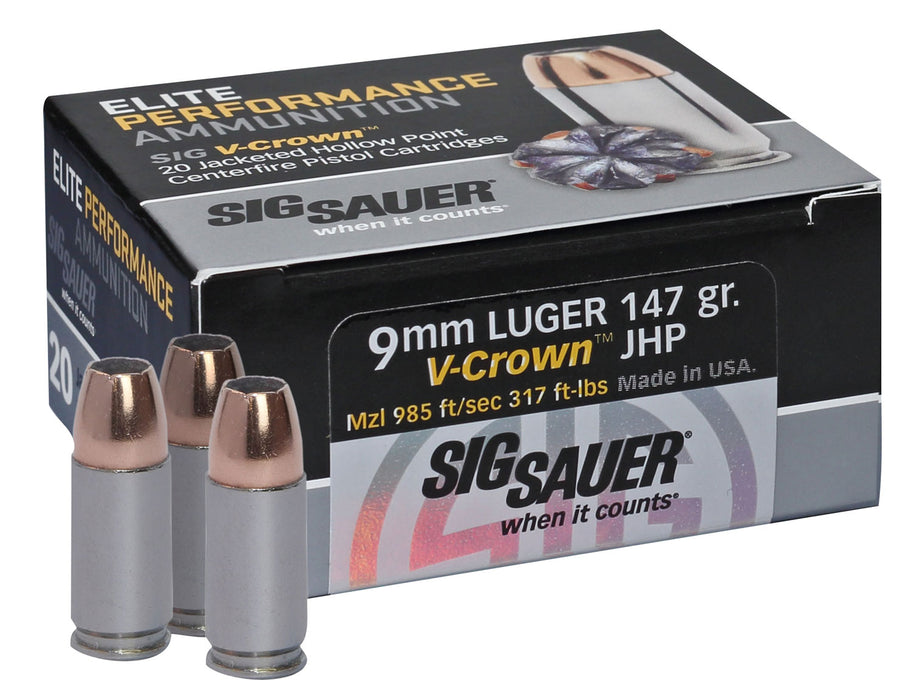 Sig Sauer E9MMA320 Elite Defense  9mm Luger 147 gr 985 fps V-Crown Jacketed Hollow Point (VJHP) 20 Bx/10 Cs