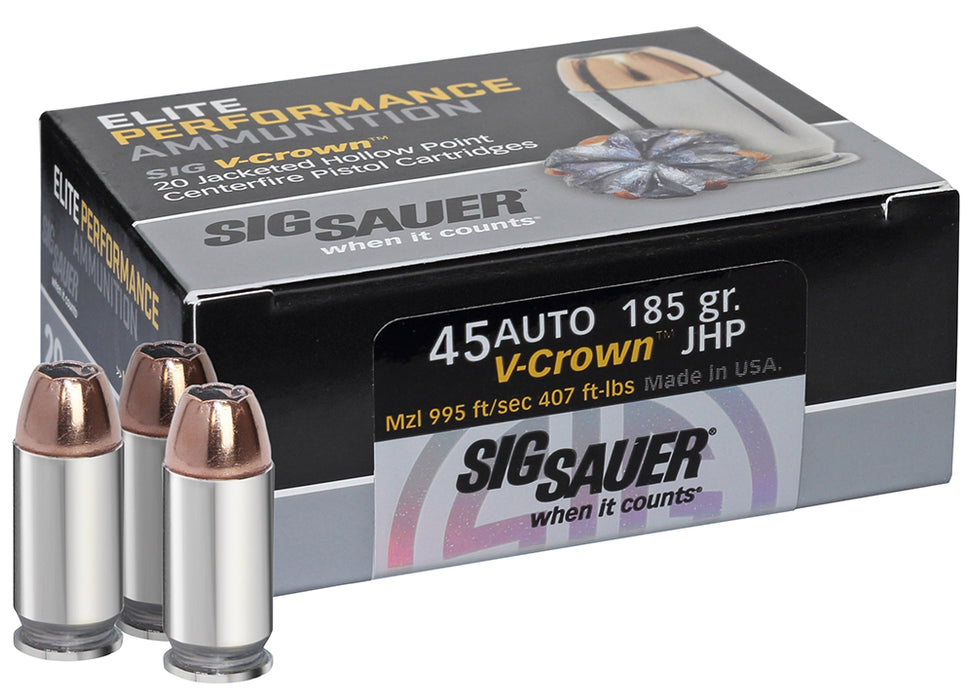 Sig Sauer E45AP020 Elite Defense  45 ACP 185 gr 995 fps V-Crown Jacketed Hollow Point (VJHP) 20 Bx/10 Cs