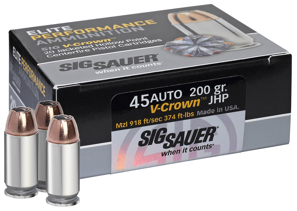 Sig Sauer E45AP220 Elite Defense  45 ACP 230 gr 830 fps V-Crown Jacketed Hollow Point (VJHP) 20 Bx/10 Cs