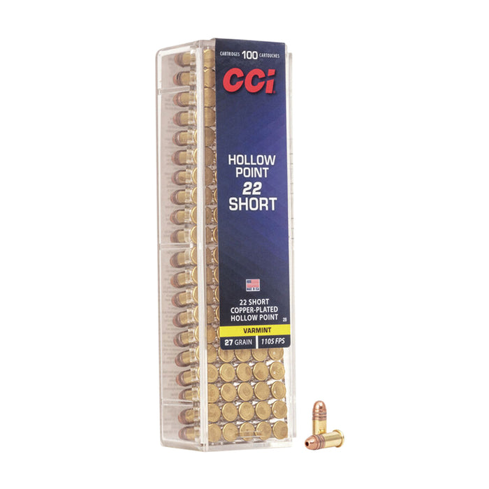 CCI 0028 Varmint  22 Short 27 gr 1105 fps Copper Plated Hollow Point (CPHP) 100 Bx/50 Cs