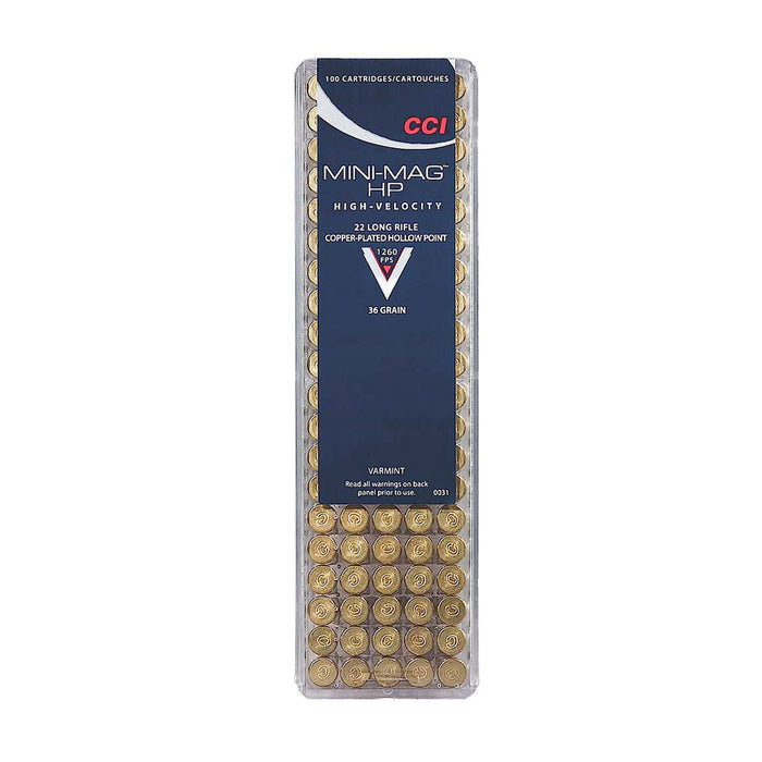 CCI 0031 Mini-Mag  22 LR 36 gr 1260 fps Copper Plated Hollow Point (CPHP) 100 Bx/50 Cs