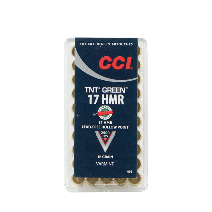 CCI 951 Varmint TNT Green 17 HMR 16 gr 2500 fps Speer TNT Green Hollow Point (TGHP) 50 Bx/40 Cs