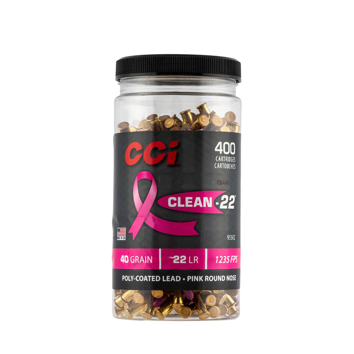 CCI 955CC Clean-22  22 LR 40 gr 1235 fps Pink Poly-Coated Lead Round Nose (LRN) 400 Bx/8 Cs